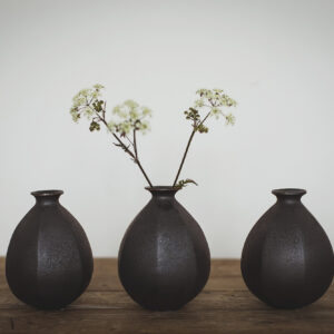 Group of three black faceted vases. The middle vase has a stem of dried foliage in it // Grŵp o dair fâs wyneb du gyda choesyn sych o ddail yn y fâs ganol