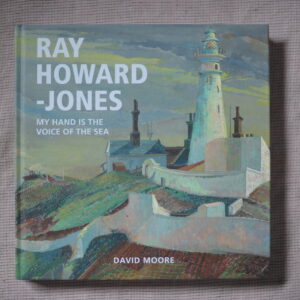 Front cover of Ray Howard-Jones book, showing a painting of a lighthouse. Shown against a pink fabric backdrop. 