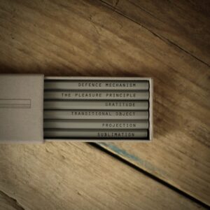 A grey slide-out box containing six drawing pencils. Each pencils is embossed with a word relating to psychoanalysis:  